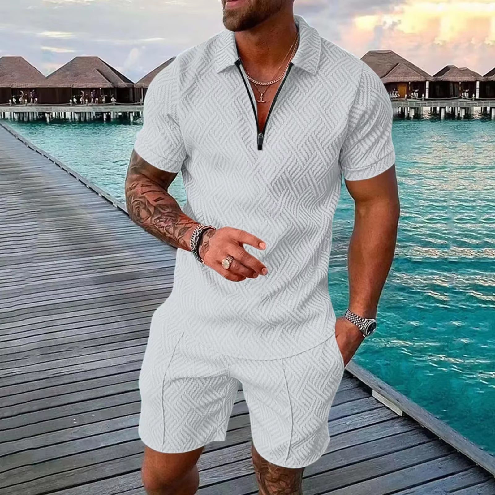 New 2025 Men'S Polo Suit Fashion Men Sets Solid Summer V-Neck Zipper Short Sleeve POLO Shirt+Shorts Two Pieces Men Casual Suit