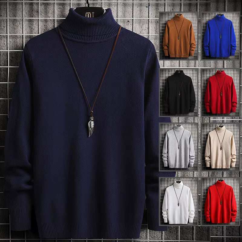 Men Pullovers Knitted Sweaters Turtleneck Solid Tops Thick Casual Full Sleeve Top Knit Splice Sweater Slim Fit Autumn Winter