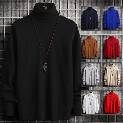 Men Pullovers Knitted Sweaters Turtleneck Solid Tops Thick Casual Full Sleeve Top Knit Splice Sweater Slim Fit Autumn Winter