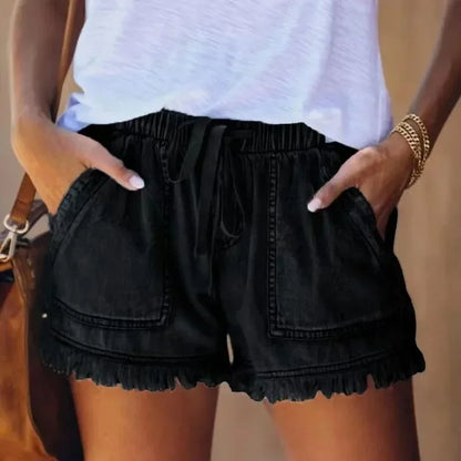 2023 New High Waist Elastic Waist Casual High Waist Slim Shorts Jeans Summer Women'S Loose Straight Shorts Women Clothing