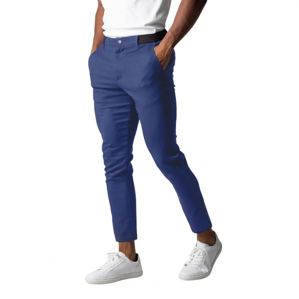 Men Trousers Solid Color Pants Elegant Men'S Slim Fit Business Pants with Elastic Waist Button Closure Pockets Soft for Work