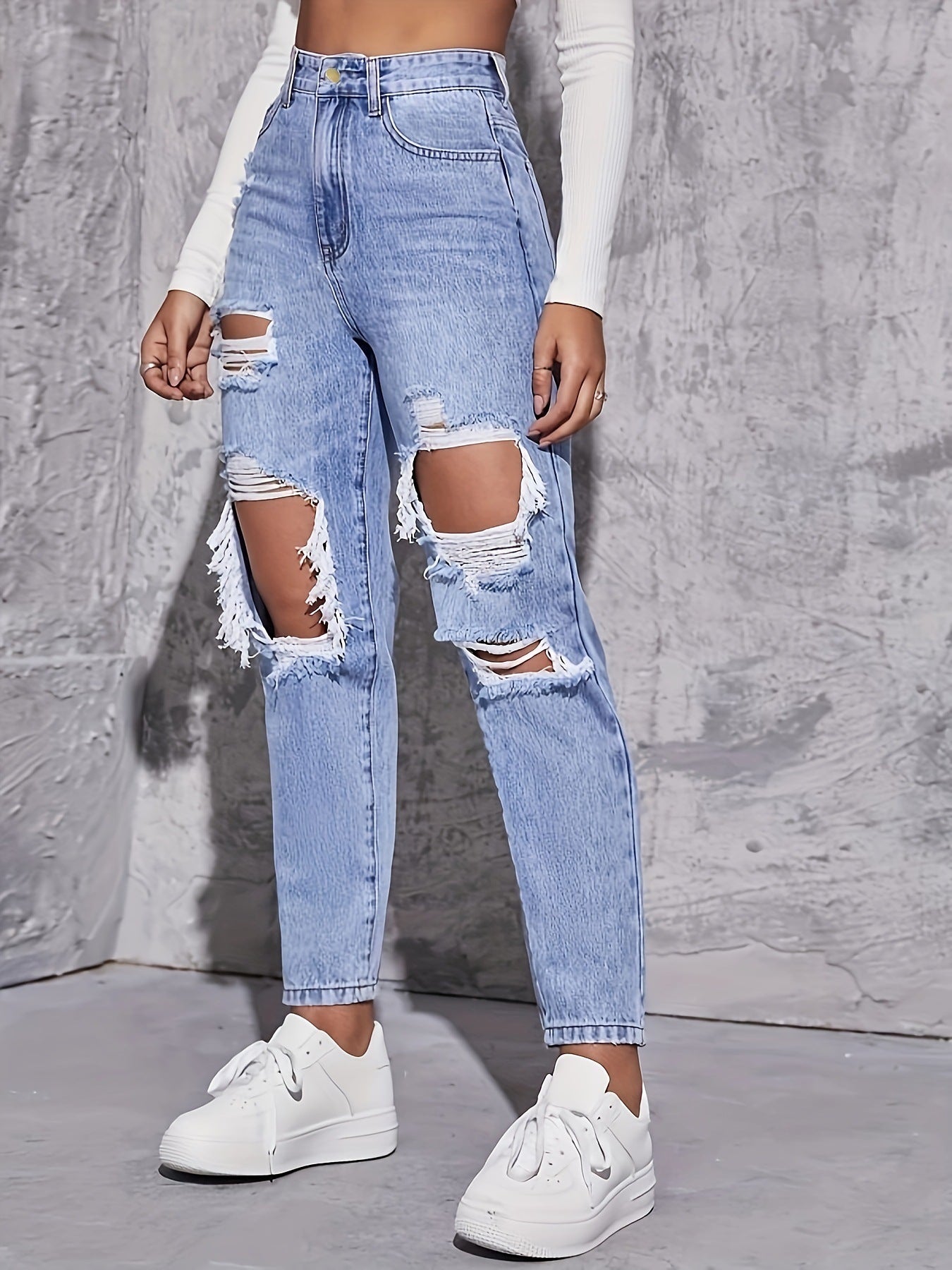 Casual High Waist Ripped Denim Trousers