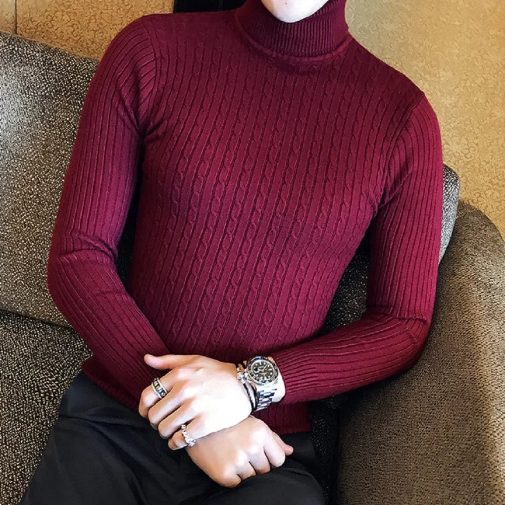 Autumn and Winter Turtleneck Warm Fashion Solid Color Sweater Men'S Sweater Slim Pullover Men'S Knitted Sweater Bottoming Shirt