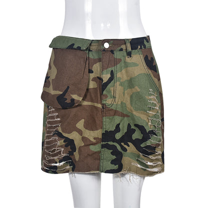 Camouflage Wash Skirt Cut Hip Skirt