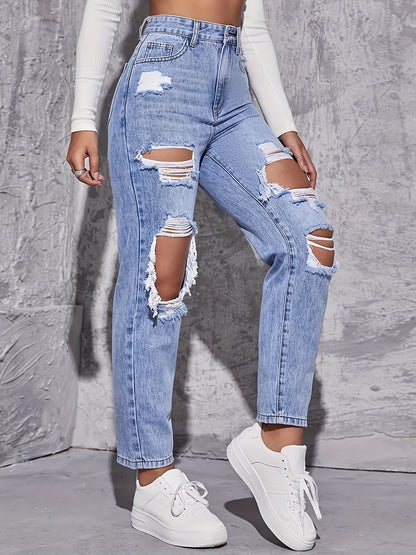 Casual High Waist Ripped Denim Trousers