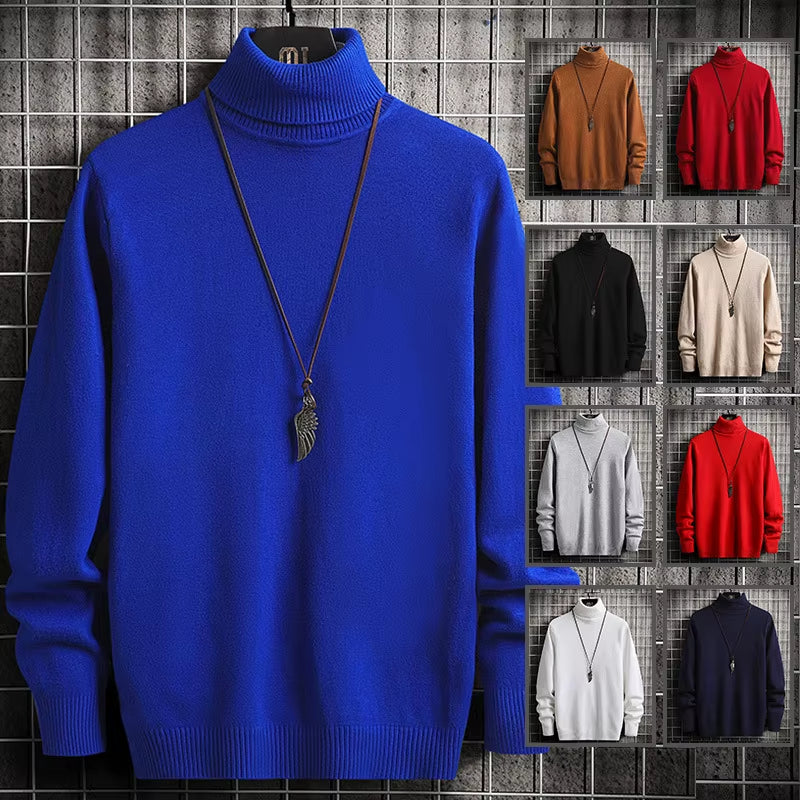 Men Pullovers Knitted Sweaters Turtleneck Solid Tops Thick Casual Full Sleeve Top Knit Splice Sweater Slim Fit Autumn Winter