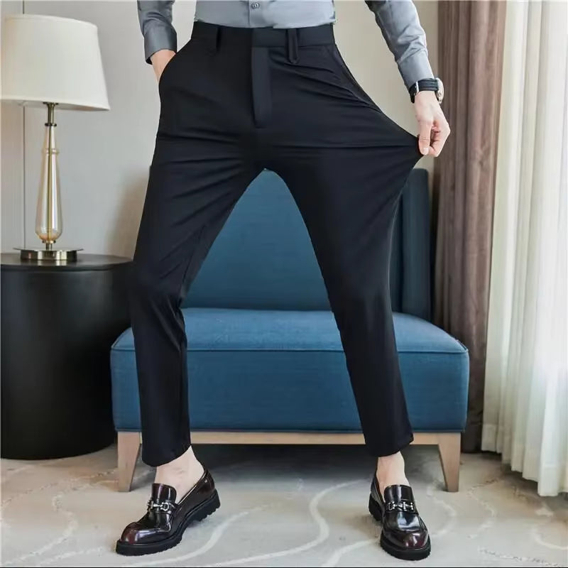 Mens Dress Pants Trousers 2024 Summer New Thin Breathable Solid Casual High Elastic Slim Fit Suit Pants Streetwear Men Clothing