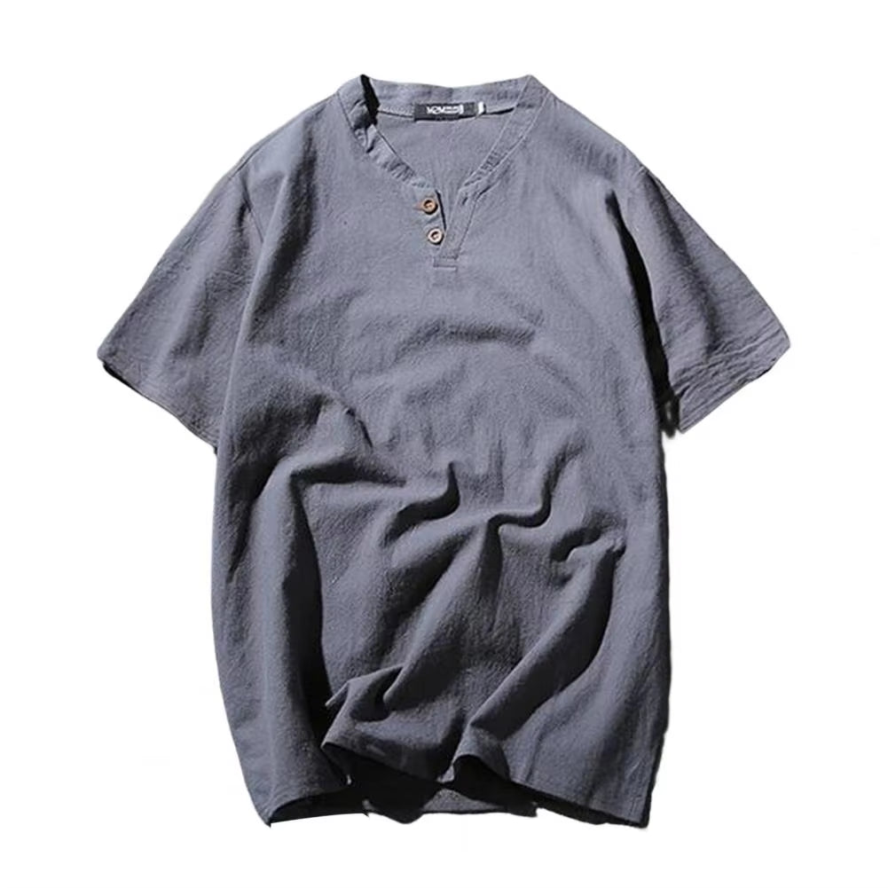 Fashion Men'S Linen T-Shirt Short Sleeves V Neck Button Solid Color Slim Fit Summer Casual Short Male Tee Shirt Top