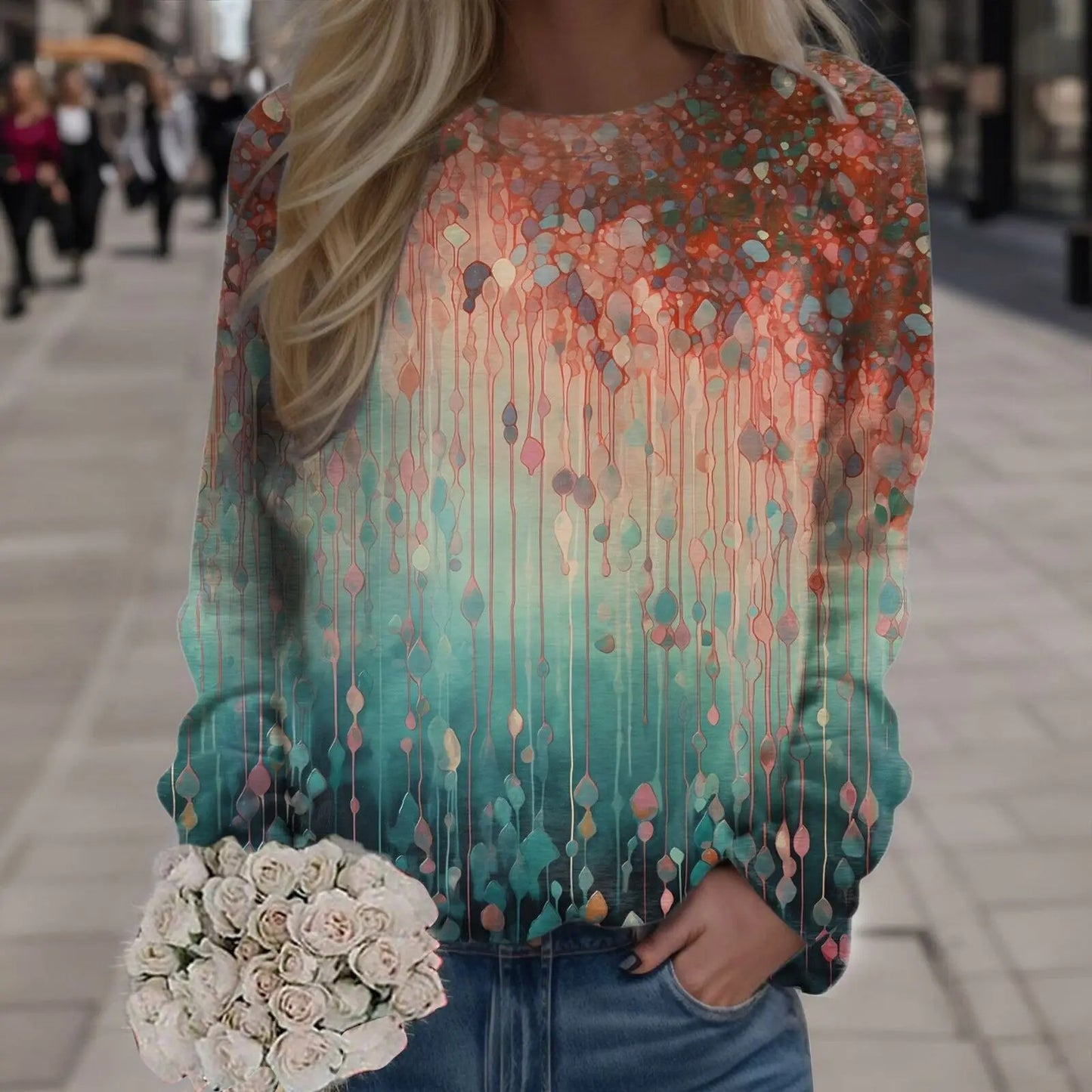 Oil Painting Colorful Flowers Women's Long-sleeved Pullover Top