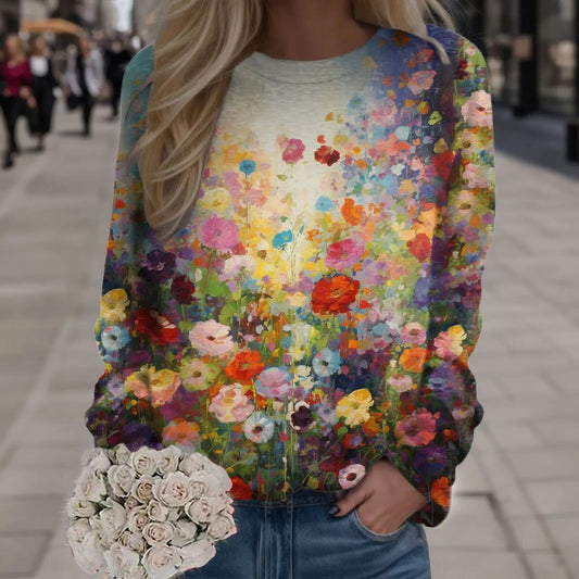 Oil Painting Colorful Flowers Women's Long-sleeved Pullover Top