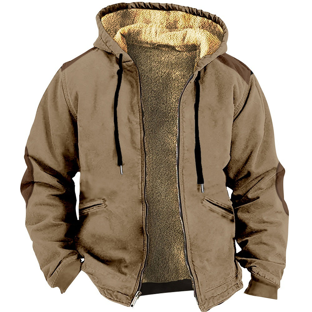 European And American Winter Menswear Cotton-padded Jacket Warm With Velvet Hooded Pocket Long-sleeved Cotton-padded Jacket