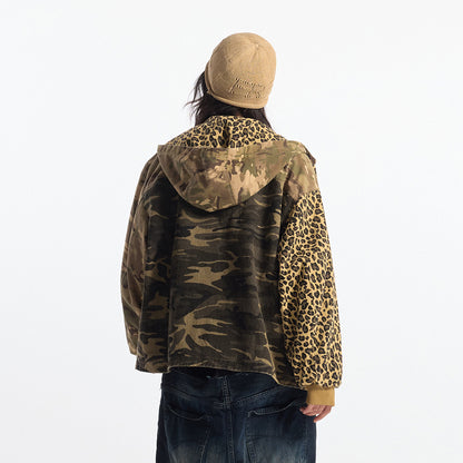 Camouflage Hooded Denim Jacket Color Contrast Patchwork