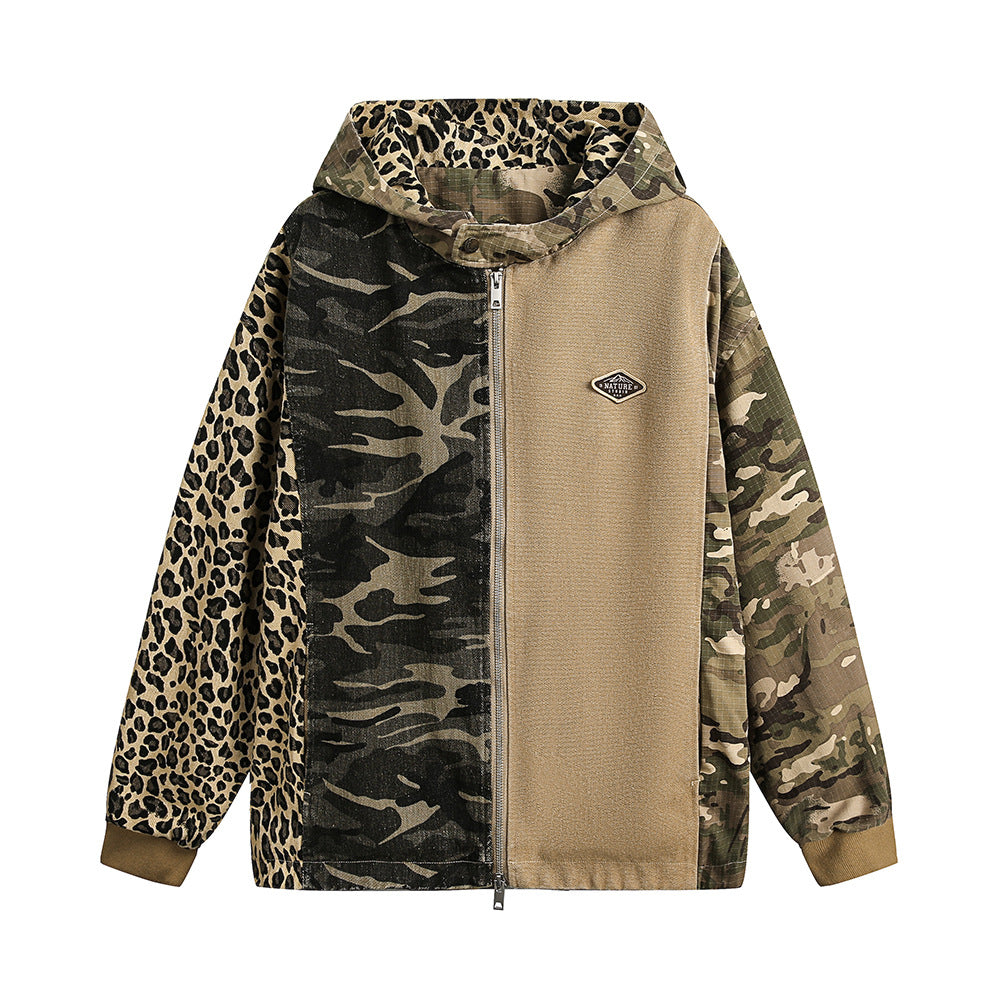 Camouflage Hooded Denim Jacket Color Contrast Patchwork