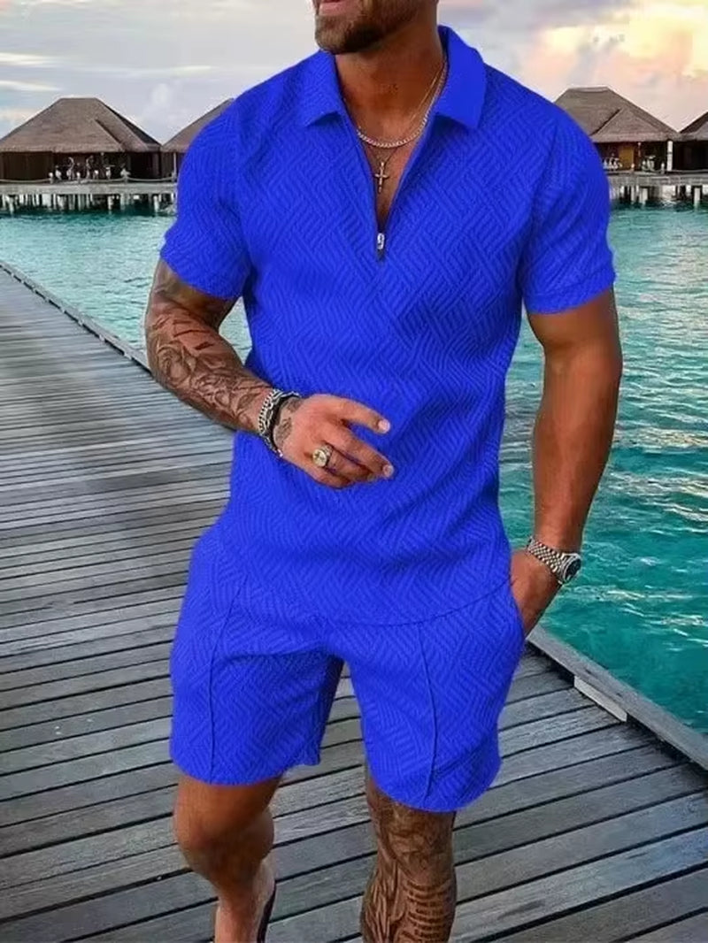 New 2025 Men'S Polo Suit Fashion Men Sets Solid Summer V-Neck Zipper Short Sleeve POLO Shirt+Shorts Two Pieces Men Casual Suit