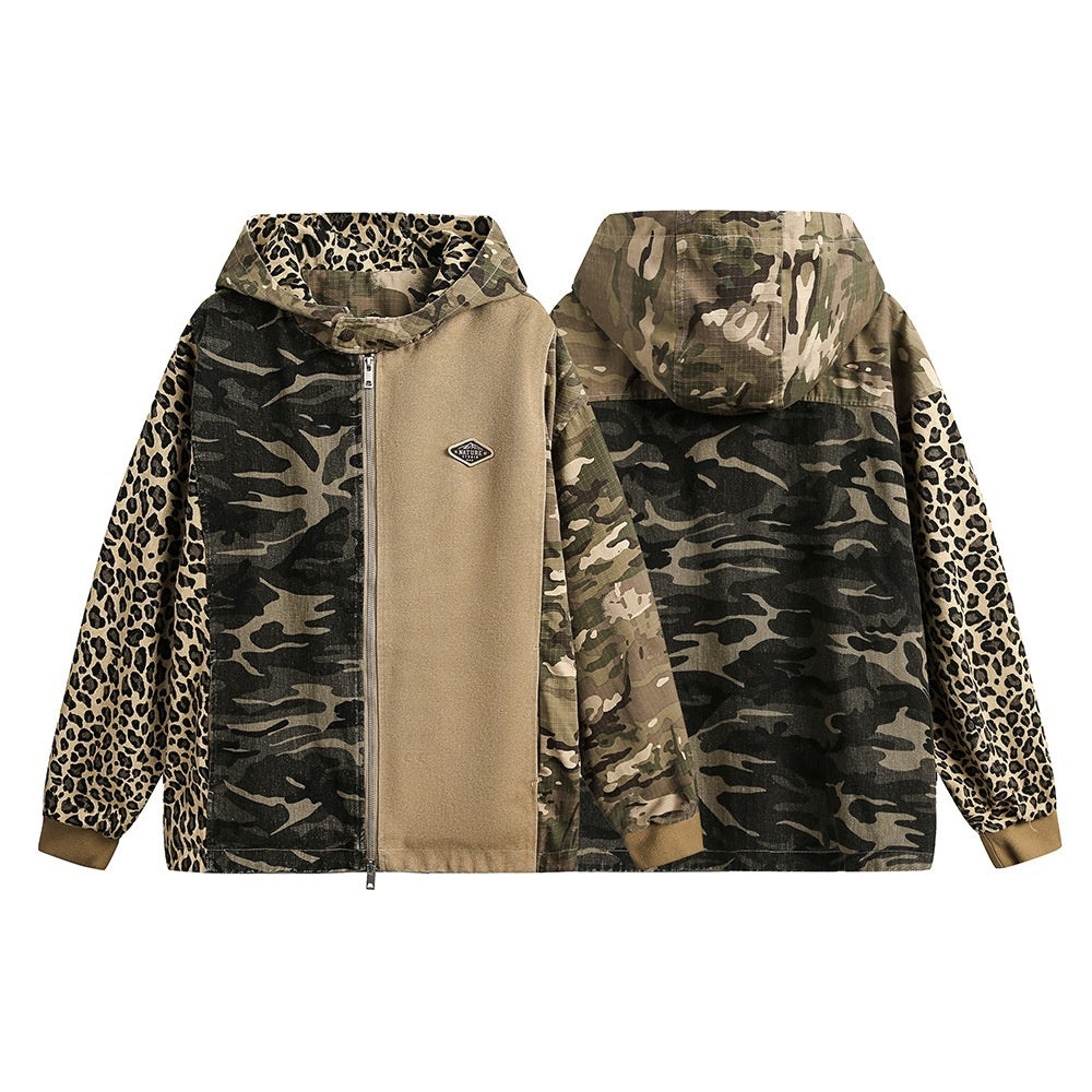 Camouflage Hooded Denim Jacket Color Contrast Patchwork