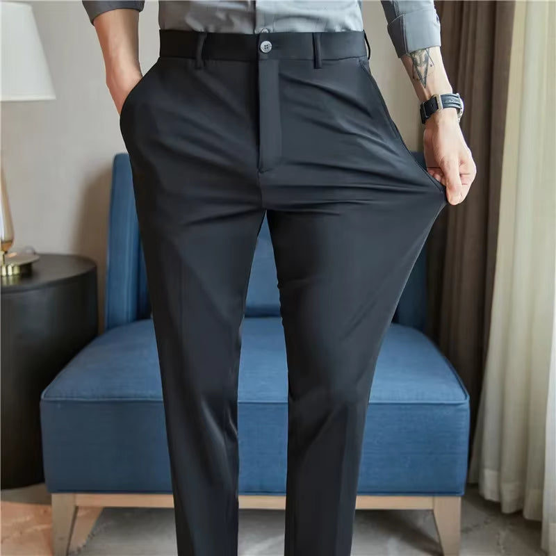 Mens Dress Pants Trousers 2024 Summer New Thin Breathable Solid Casual High Elastic Slim Fit Suit Pants Streetwear Men Clothing