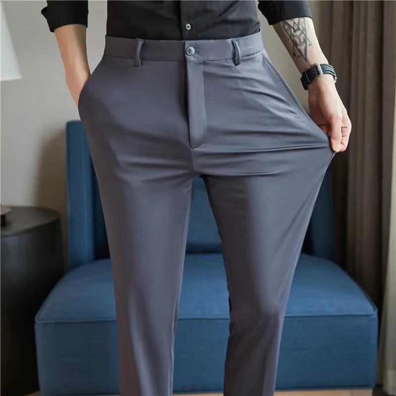 Mens Dress Pants Trousers 2024 Summer New Thin Breathable Solid Casual High Elastic Slim Fit Suit Pants Streetwear Men Clothing