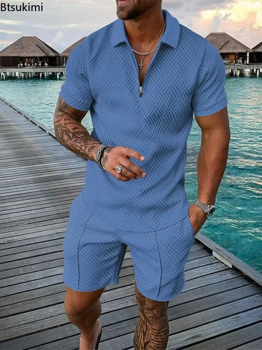 New 2025 Men'S Polo Suit Fashion Men Sets Solid Summer V-Neck Zipper Short Sleeve POLO Shirt+Shorts Two Pieces Men Casual Suit