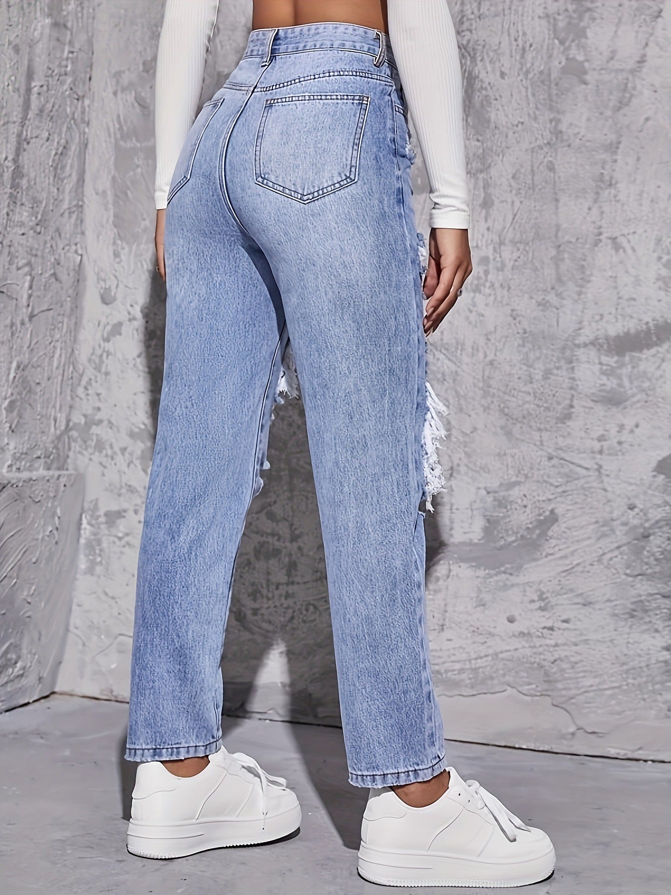 Casual High Waist Ripped Denim Trousers