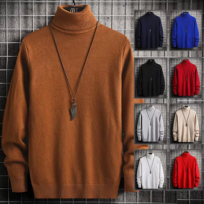 Men Pullovers Knitted Sweaters Turtleneck Solid Tops Thick Casual Full Sleeve Top Knit Splice Sweater Slim Fit Autumn Winter