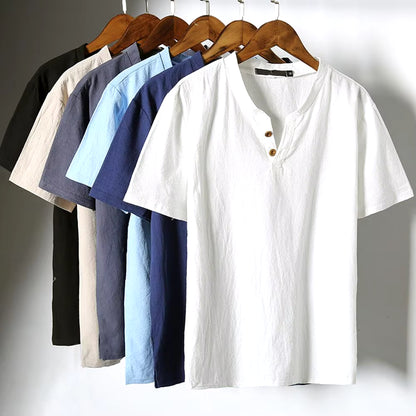 Fashion Men'S Linen T-Shirt Short Sleeves V Neck Button Solid Color Slim Fit Summer Casual Short Male Tee Shirt Top